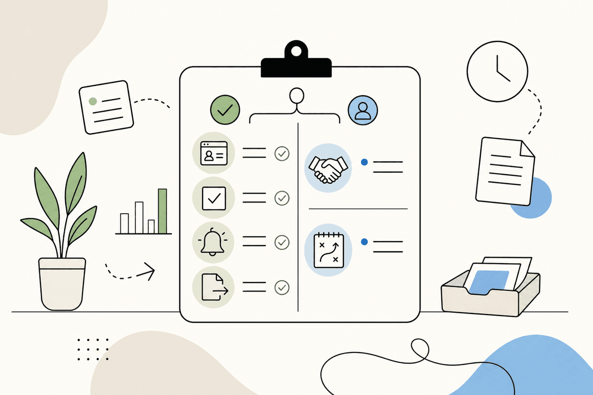 Client admin tasks AI should handle including CRM updates tasks alerts and handoff context