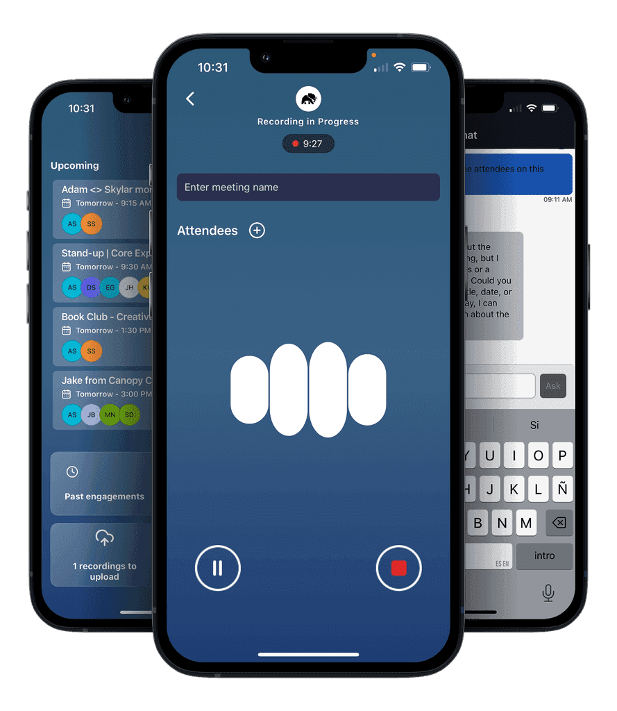 AskElephant mobile app screenshots showing meeting recording and scheduling features