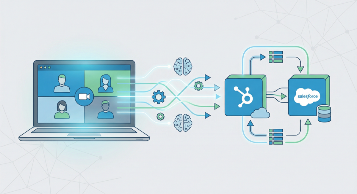 AI tools updating CRM automatically after meetings - data flowing from video calls to HubSpot and Salesforce